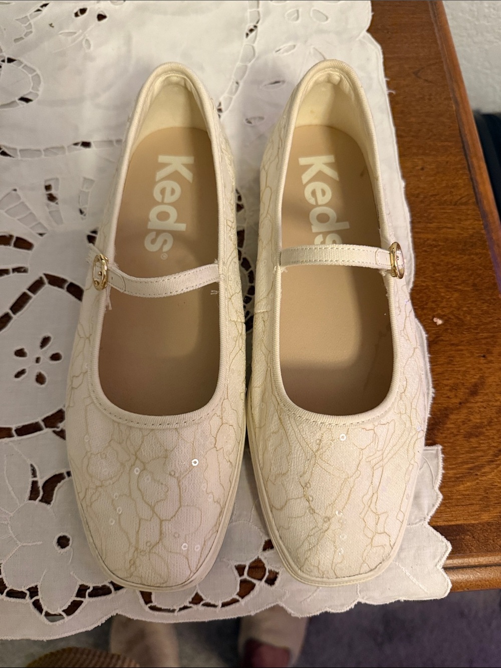 Keds Cream Lace Mary Jane Shoes with Gold Buckle